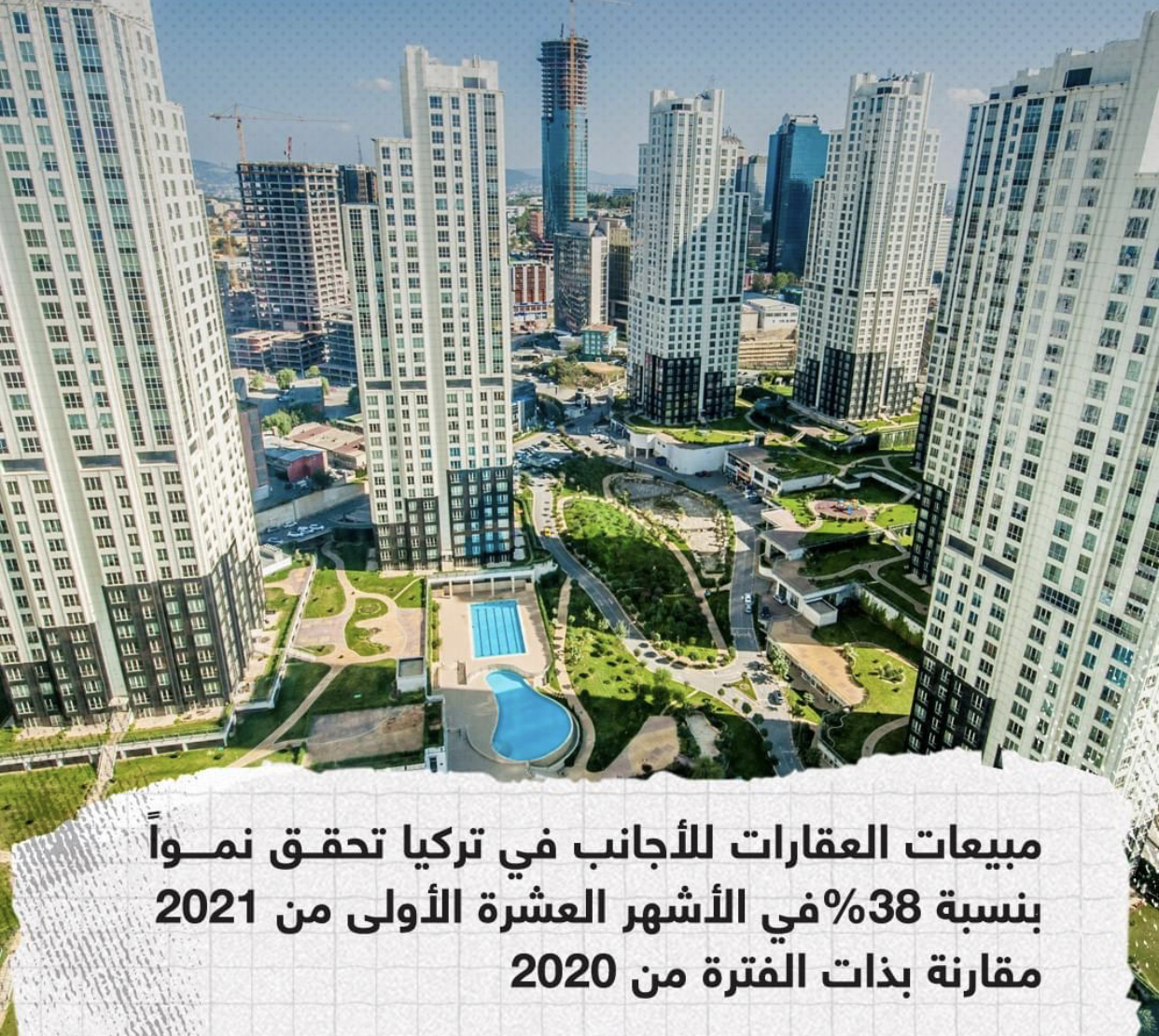 حققت مبيعات العقارات للأجانب في #تركيا نمواً بنسبة 38% في الأشهر العشرة من العام الجاري، مقارنة بالفترة ذاتها العام الماضي، وفق بيانات جمعتها وكالة الأناضول من هيئة الإحصاء التركية.